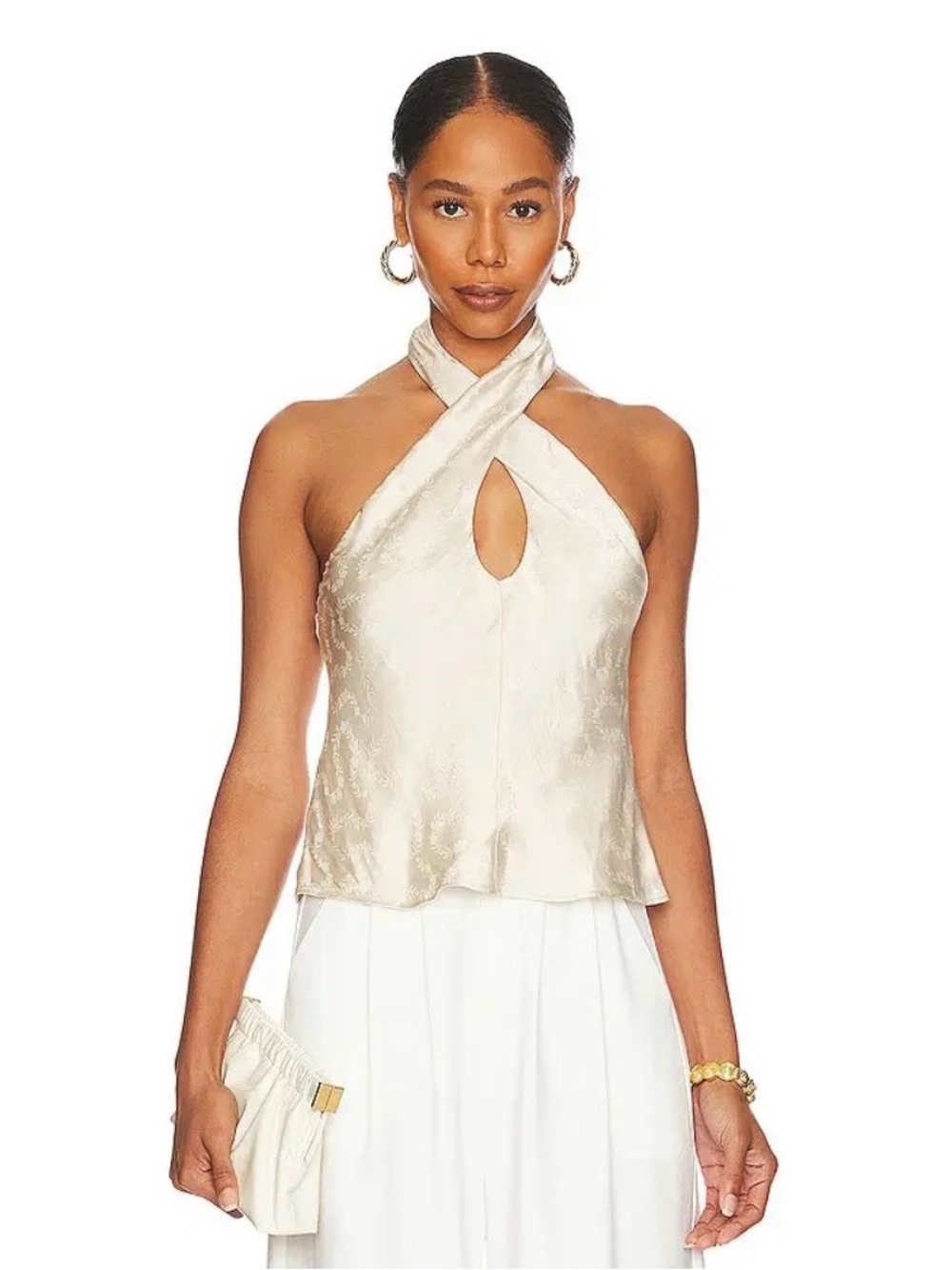 Revolve Satin Cross-Neck Keyhole Halter Top - Ivory